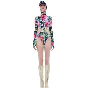Norma Kamali Floral Print TURTLE SKULL CAP BODYSUIT Hooded Swimsuit Size S & Hat